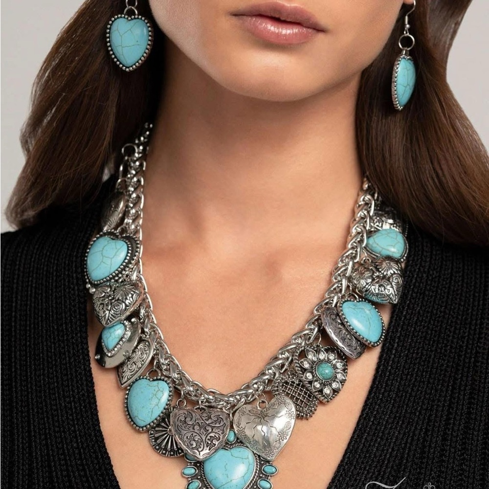 Turquoise and Silver Heart Necklace and Earring Set